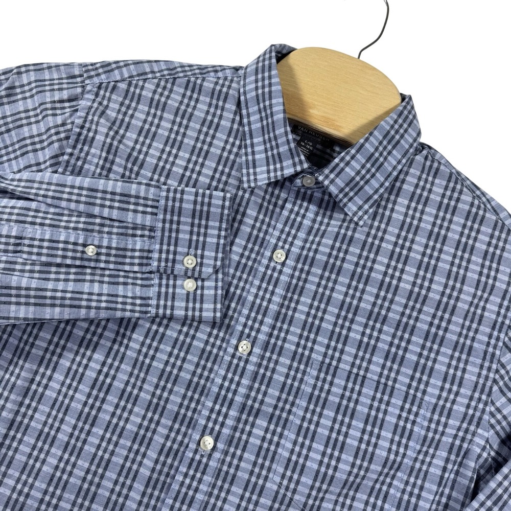 Van Heusen Button Down Shirt Mens Large L Blue Plaid Dobby Long Sleeve Pocket
